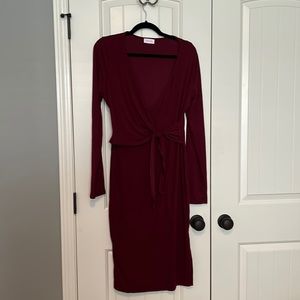 Burgundy Ribbed, Long Sleeve Cotton Dress, Size Large